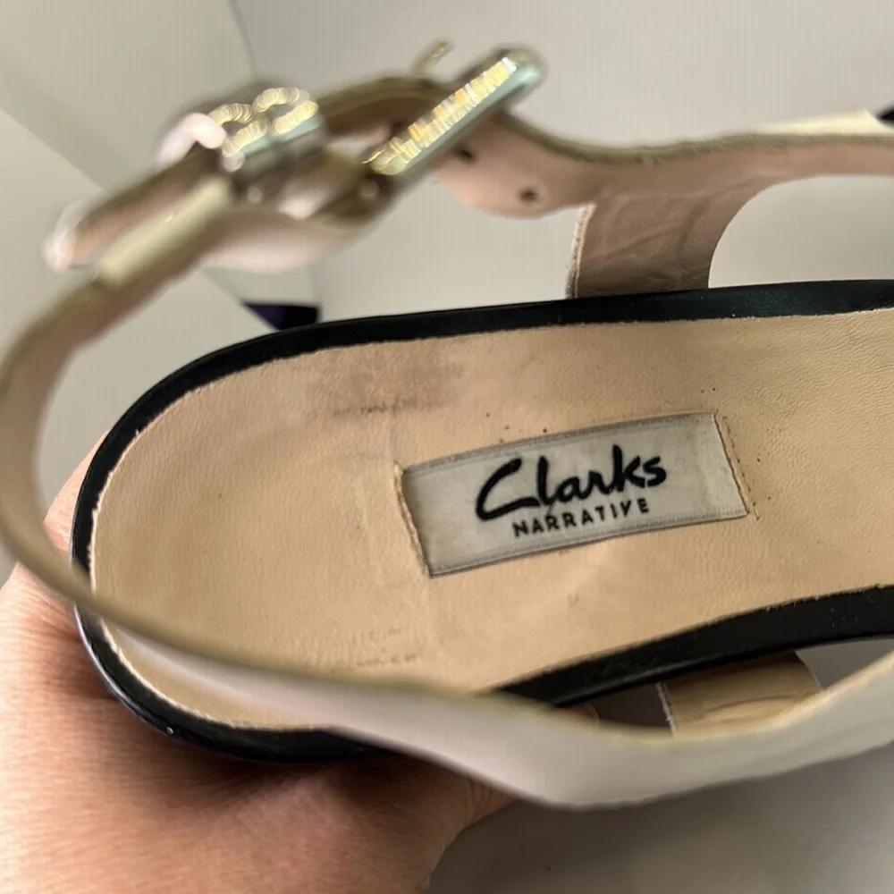Clarks Narrative, silver, white and black Rosalie Petal 9 40 wedge sandal disco